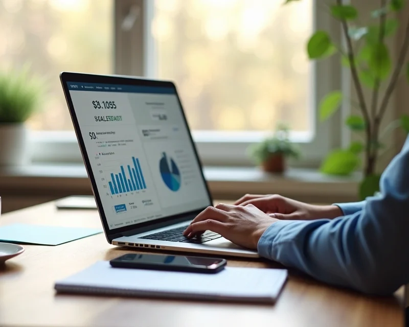 Profissional trabalhando remotamente em laptop com gráficos e funil de vendas digitais na tela