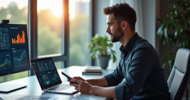Profissional trabalhando em home office realizando fechamento de vendas pelo computador e smartphone