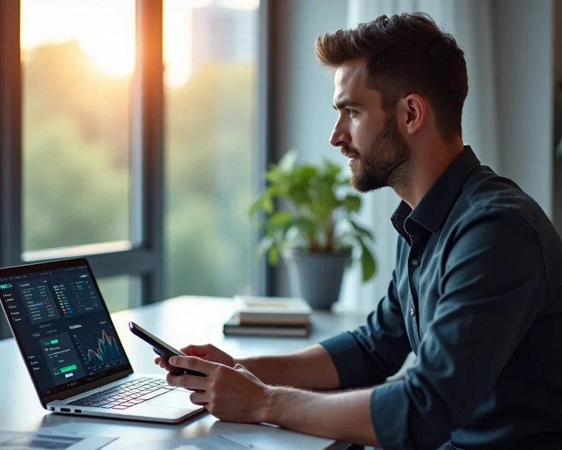Profissional trabalhando em home office realizando fechamento de vendas pelo computador e smartphone