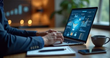 Profissional fechando venda pelo computador com gráficos de funil de vendas no fundo