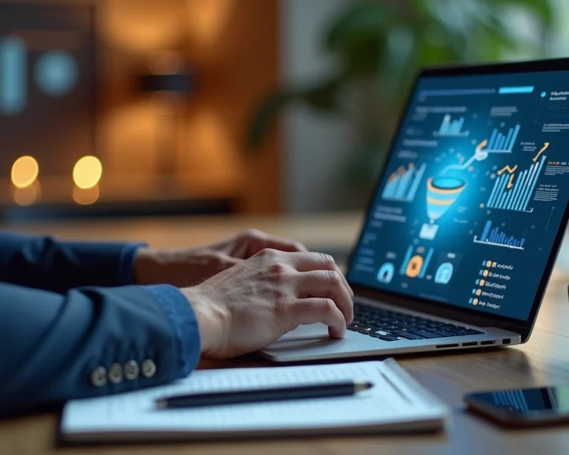 Profissional fechando venda pelo computador com gráficos de funil de vendas no fundo