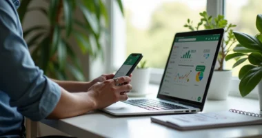Profissional de vendas fechando contrato digital pelo computador em ambiente moderno e iluminado