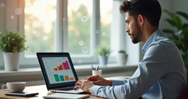 Profissional de vendas online fechando contrato em computador com gráficos de funil de vendas na tela