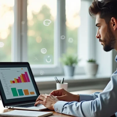 Profissional de vendas online fechando contrato em computador com gráficos de funil de vendas na tela