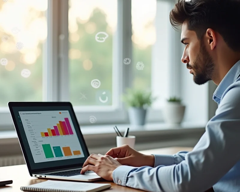 Profissional de vendas online fechando contrato em computador com gráficos de funil de vendas na tela