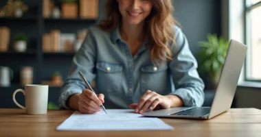 Profissional de vendas fechando contrato online em ambiente moderno com laptop e telefone