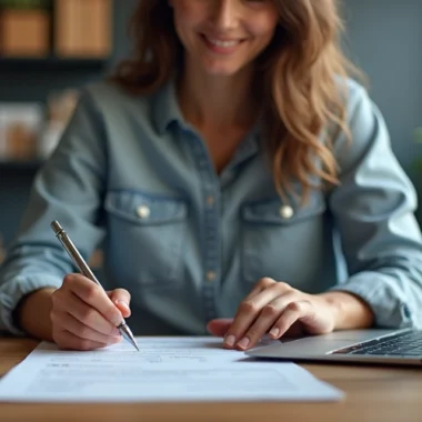 Profissional de vendas fechando contrato online em ambiente moderno com laptop e telefone