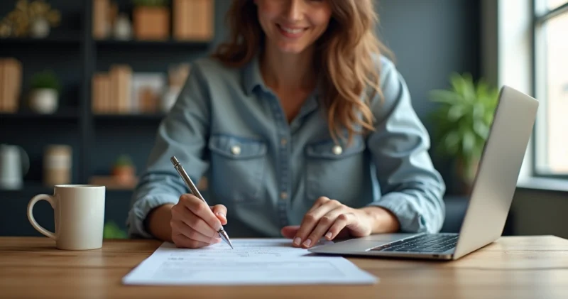 Profissional de vendas fechando contrato online em ambiente moderno com laptop e telefone