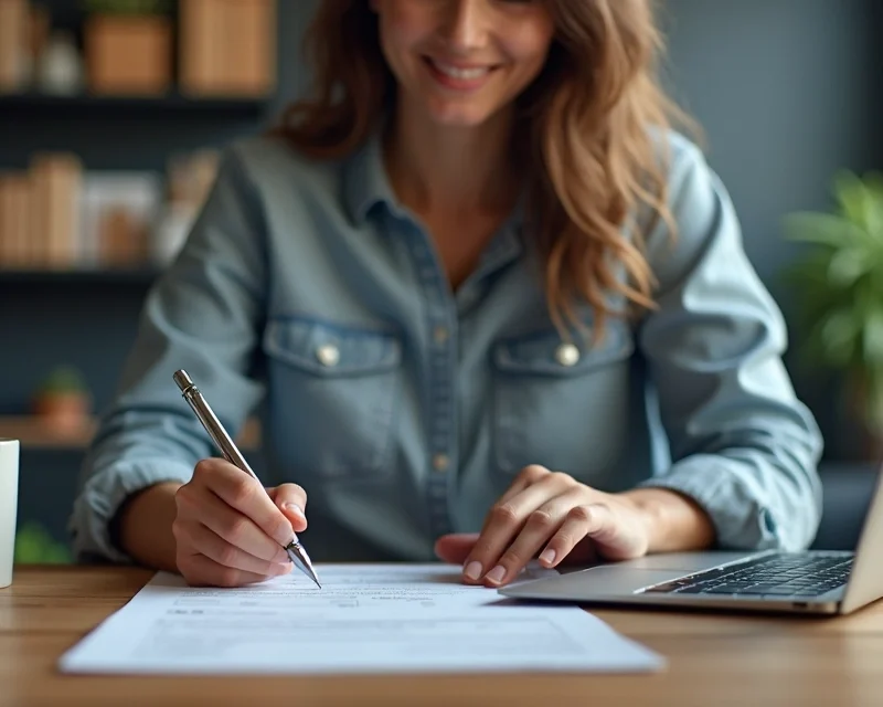 Profissional de vendas fechando contrato online em ambiente moderno com laptop e telefone