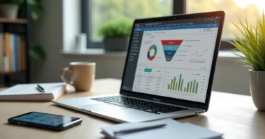 Profissional de vendas online trabalhando em home office com laptop, caderno, e gráficos digitais ao redor