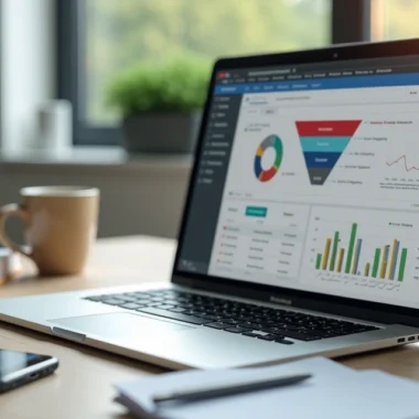 Profissional de vendas online trabalhando em home office com laptop, caderno, e gráficos digitais ao redor