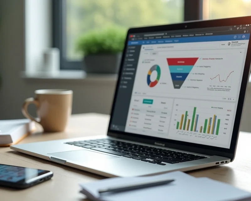 Profissional de vendas online trabalhando em home office com laptop, caderno, e gráficos digitais ao redor