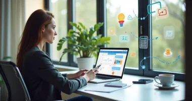 Pessoa trabalhando remotamente como closer digital, usando laptop e smartphone em ambiente moderno e iluminado