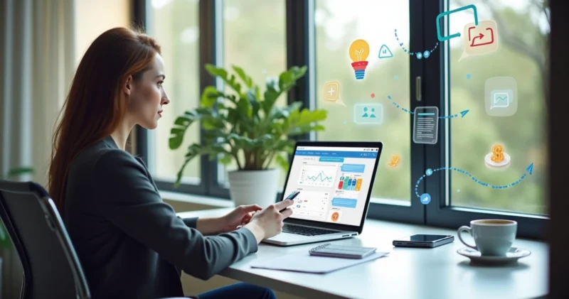Pessoa trabalhando remotamente como closer digital, usando laptop e smartphone em ambiente moderno e iluminado