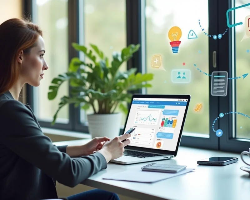 Pessoa trabalhando remotamente como closer digital, usando laptop e smartphone em ambiente moderno e iluminado