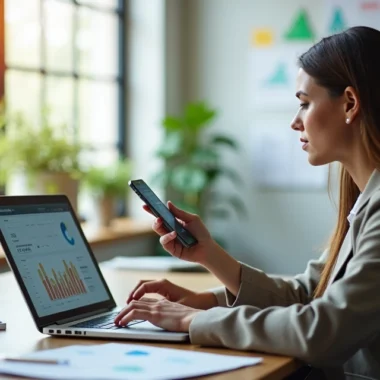 Profissional realizando vendas online com notebook e smartphone em ambiente moderno e organizado