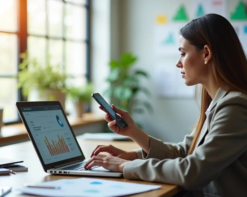 Profissional realizando vendas online com notebook e smartphone em ambiente moderno e organizado