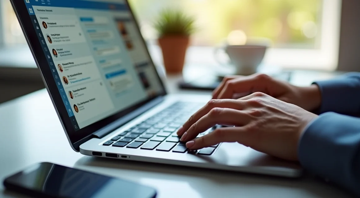 Pessoa usando laptop com perfil do LinkedIn aberto na tela para prospecção digital