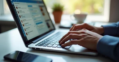 Pessoa usando laptop com perfil do LinkedIn aberto na tela para prospecção digital