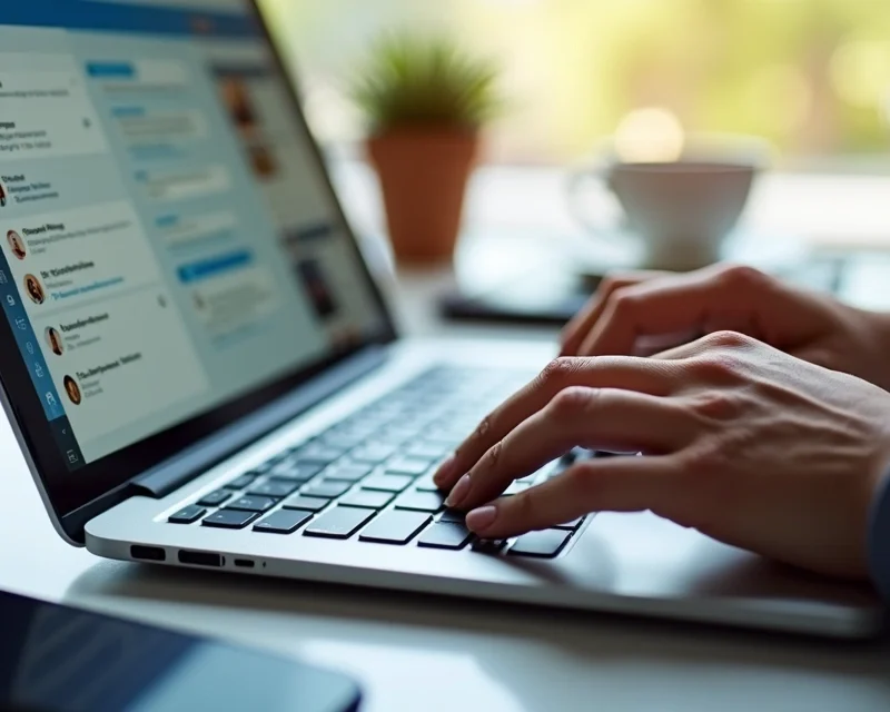 Pessoa usando laptop com perfil do LinkedIn aberto na tela para prospecção digital