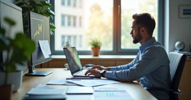 Pessoa trabalhando em laptop com anotações e gráficos de vendas à volta, ambiente de escritório moderno e iluminado