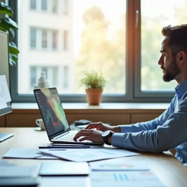 Pessoa trabalhando em laptop com anotações e gráficos de vendas à volta, ambiente de escritório moderno e iluminado