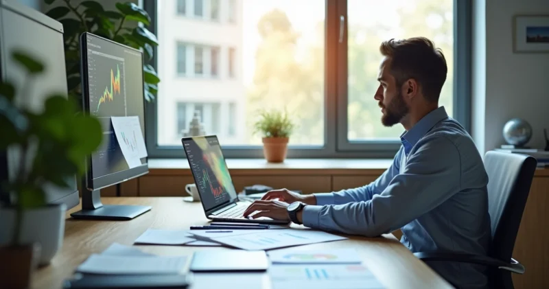 Pessoa trabalhando em laptop com anotações e gráficos de vendas à volta, ambiente de escritório moderno e iluminado