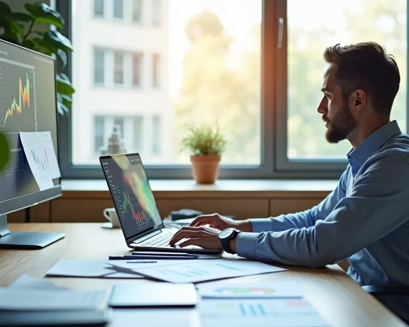Pessoa trabalhando em laptop com anotações e gráficos de vendas à volta, ambiente de escritório moderno e iluminado