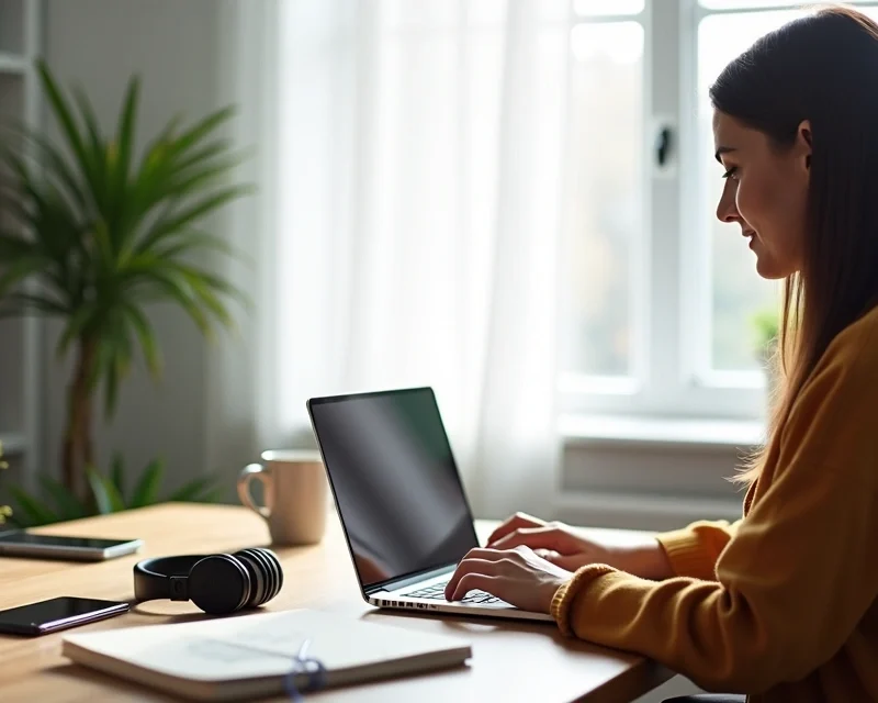 Pessoa trabalhando em home office com laptop, cadernos e caneca em mesa organizada