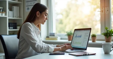Profissional realizando vendas online com notebook em ambiente moderno e iluminado