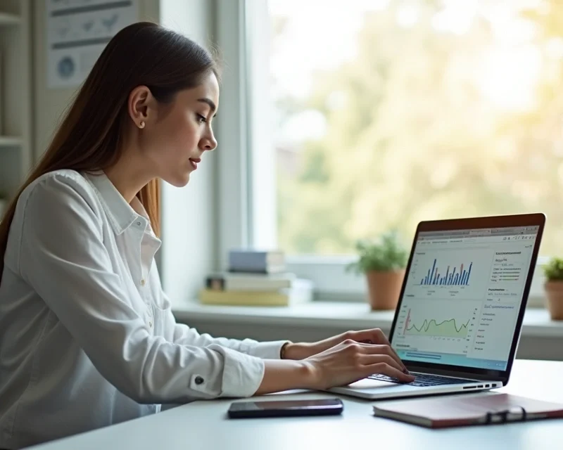 Profissional realizando vendas online com notebook em ambiente moderno e iluminado
