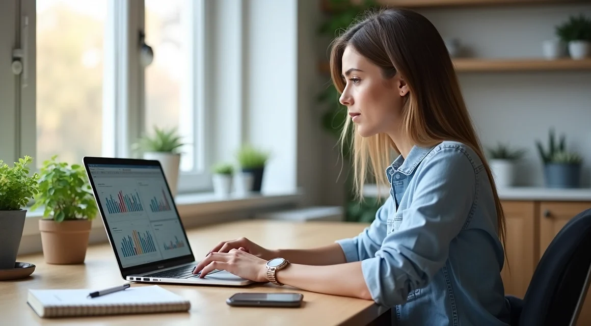 Mulher trabalhando focada em vendas remotamente no notebook em home office organizado
