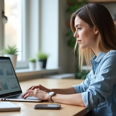 Mulher trabalhando focada em vendas remotamente no notebook em home office organizado