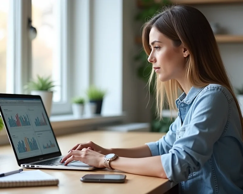 Mulher trabalhando focada em vendas remotamente no notebook em home office organizado