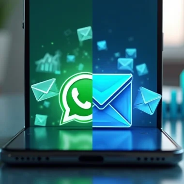 Celular mostrando ícones de WhatsApp e E-mail lado a lado com gráficos de vendas aumentando ao fundo