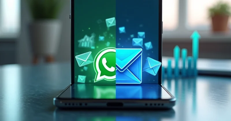 Celular mostrando ícones de WhatsApp e E-mail lado a lado com gráficos de vendas aumentando ao fundo