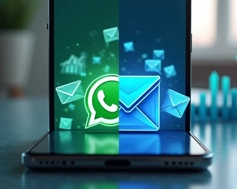 Celular mostrando ícones de WhatsApp e E-mail lado a lado com gráficos de vendas aumentando ao fundo