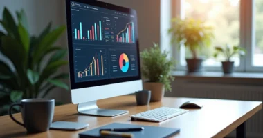 Tela de computador exibindo gráficos e métricas digitais de conversão com relatório detalhado em ambiente de trabalho moderno