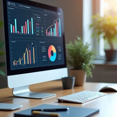 Tela de computador exibindo gráficos e métricas digitais de conversão com relatório detalhado em ambiente de trabalho moderno
