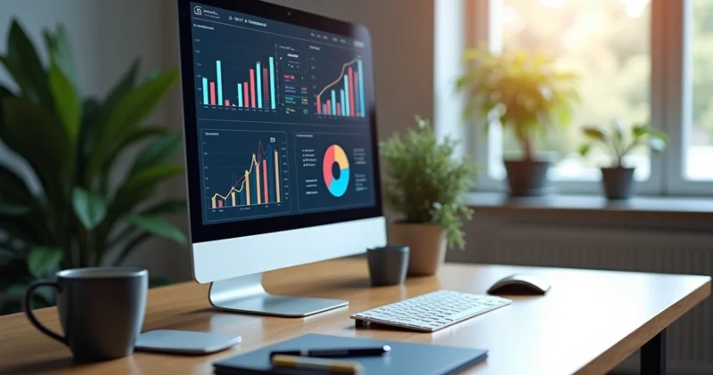 Tela de computador exibindo gráficos e métricas digitais de conversão com relatório detalhado em ambiente de trabalho moderno