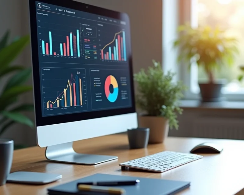 Tela de computador exibindo gráficos e métricas digitais de conversão com relatório detalhado em ambiente de trabalho moderno