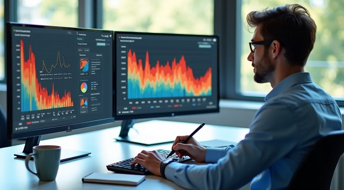 Pessoa analisando gráfico de leads quentes em tela de computador moderno