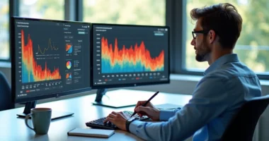 Pessoa analisando gráfico de leads quentes em tela de computador moderno
