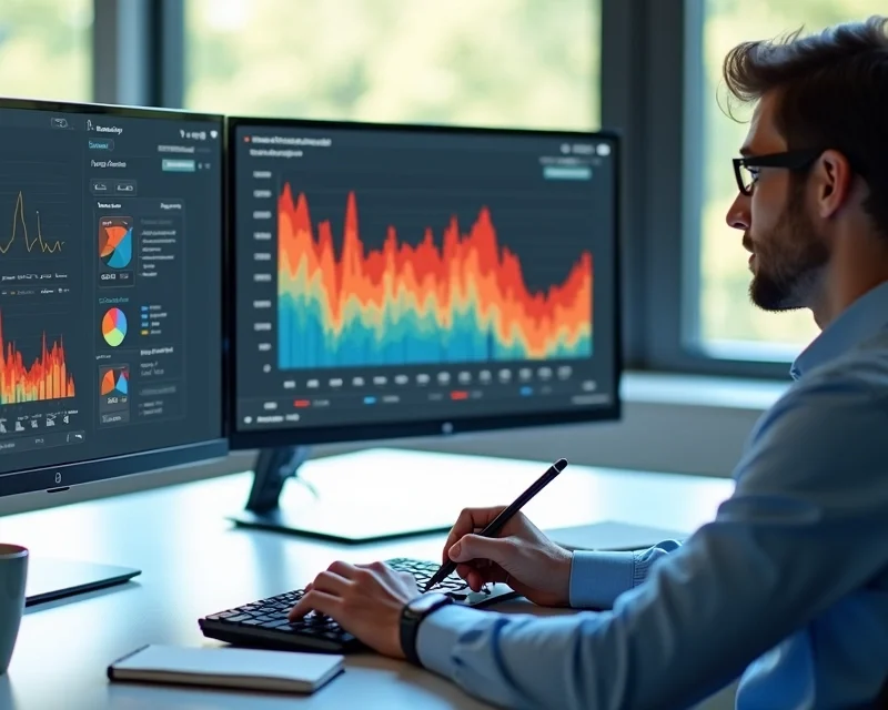 Pessoa analisando gráfico de leads quentes em tela de computador moderno