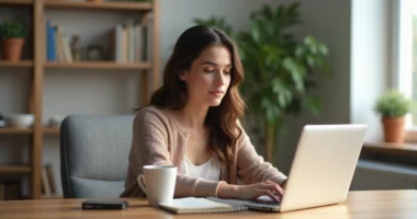 Mulher jovem trabalhando remotamente com laptop em ambiente doméstico organizado