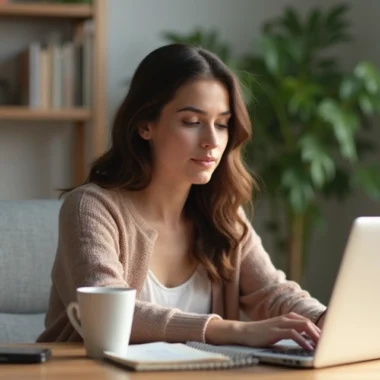 Mulher jovem trabalhando remotamente com laptop em ambiente doméstico organizado