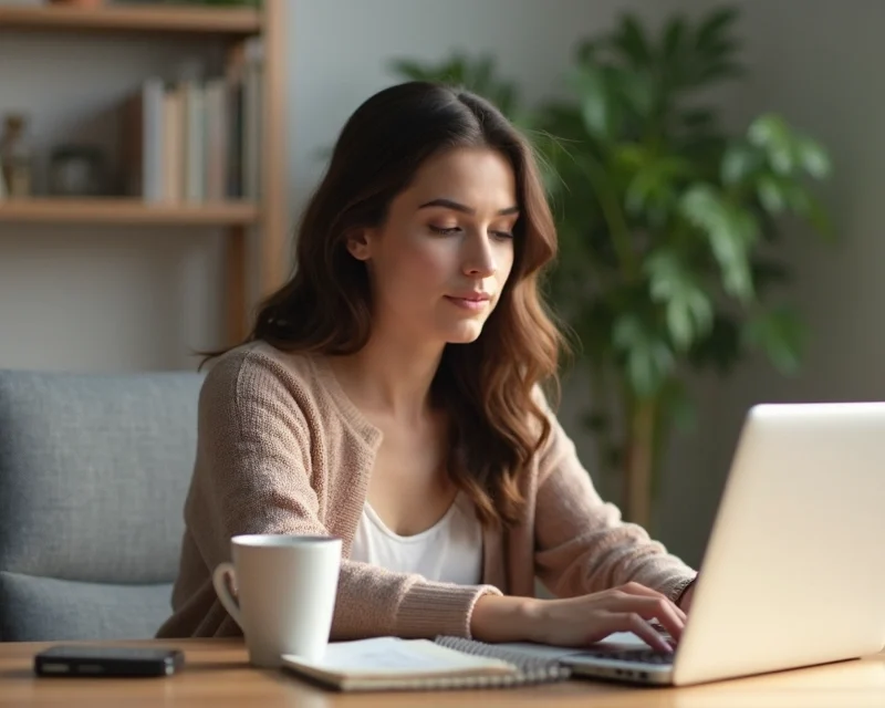 Mulher jovem trabalhando remotamente com laptop em ambiente doméstico organizado