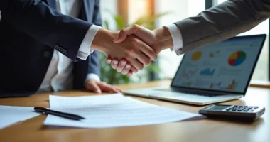 Pessoa negociando honorários com contrato e calculadora sobre a mesa em escritório moderno