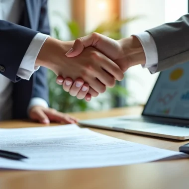 Pessoa negociando honorários com contrato e calculadora sobre a mesa em escritório moderno