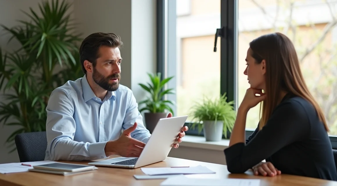 Profissional de vendas consultivas negociando com cliente em escritório moderno, com papéis e laptop na mesa